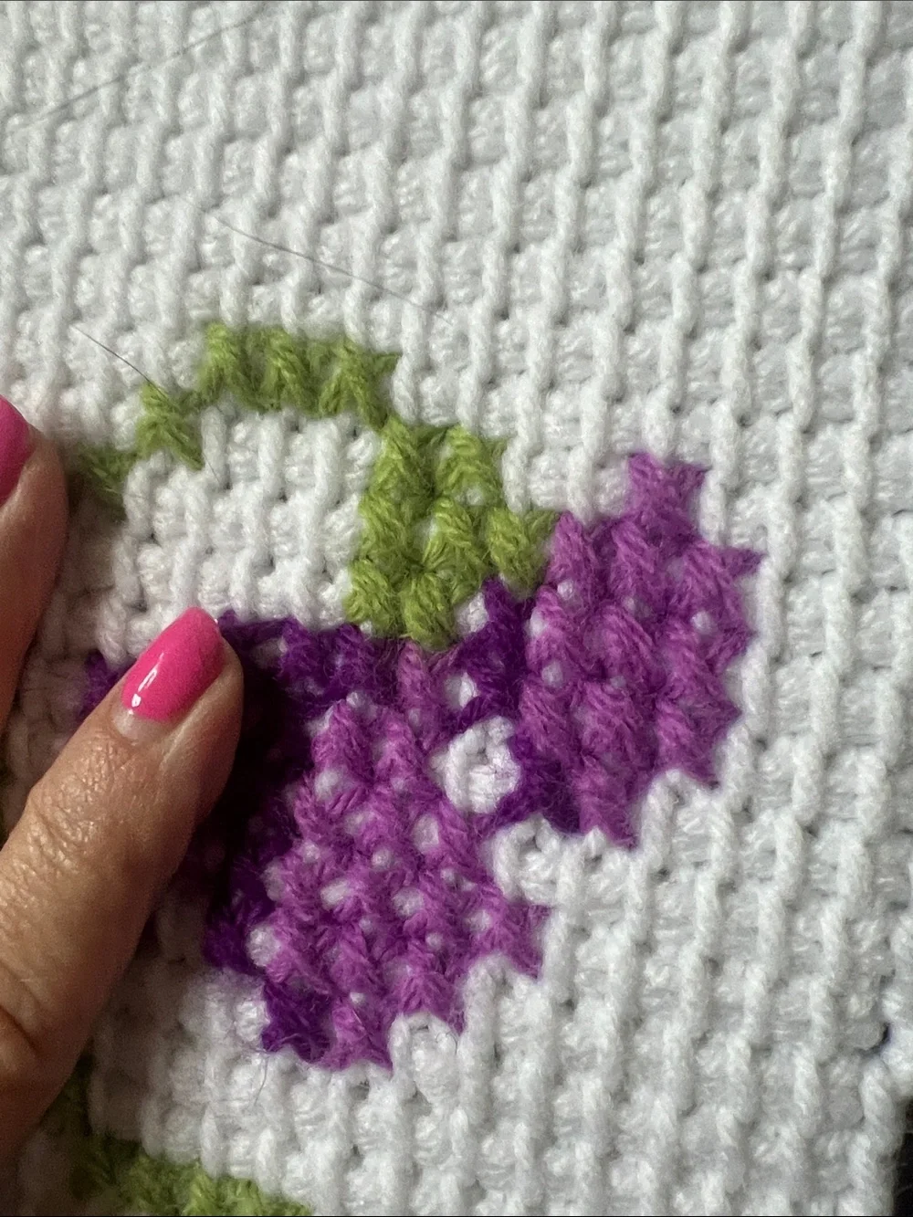 Handmade White Crochet throw with Purple Floral Motif